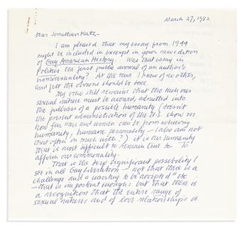 ROBERT DUNCAN (1919-1988) Autograph Letter Signed, to historian Jonathan Ned Katz,